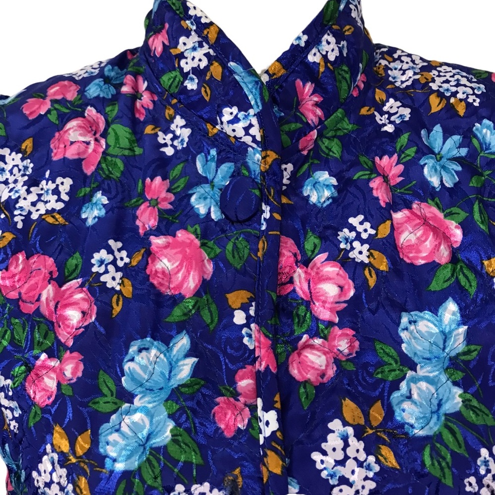 Miss Elaine S Blue Floral Long Quilted Robe Lounge Housecoat Pockets Button Up - Picture 5 of 10